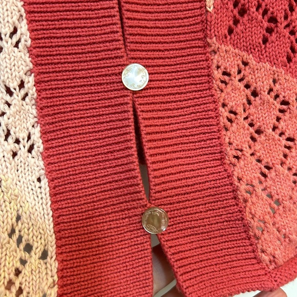 J Jill Color-Blocked Crocheted Orange Peach Cardigan Sweater Cotton Linen Blend - Picture 3 of 12